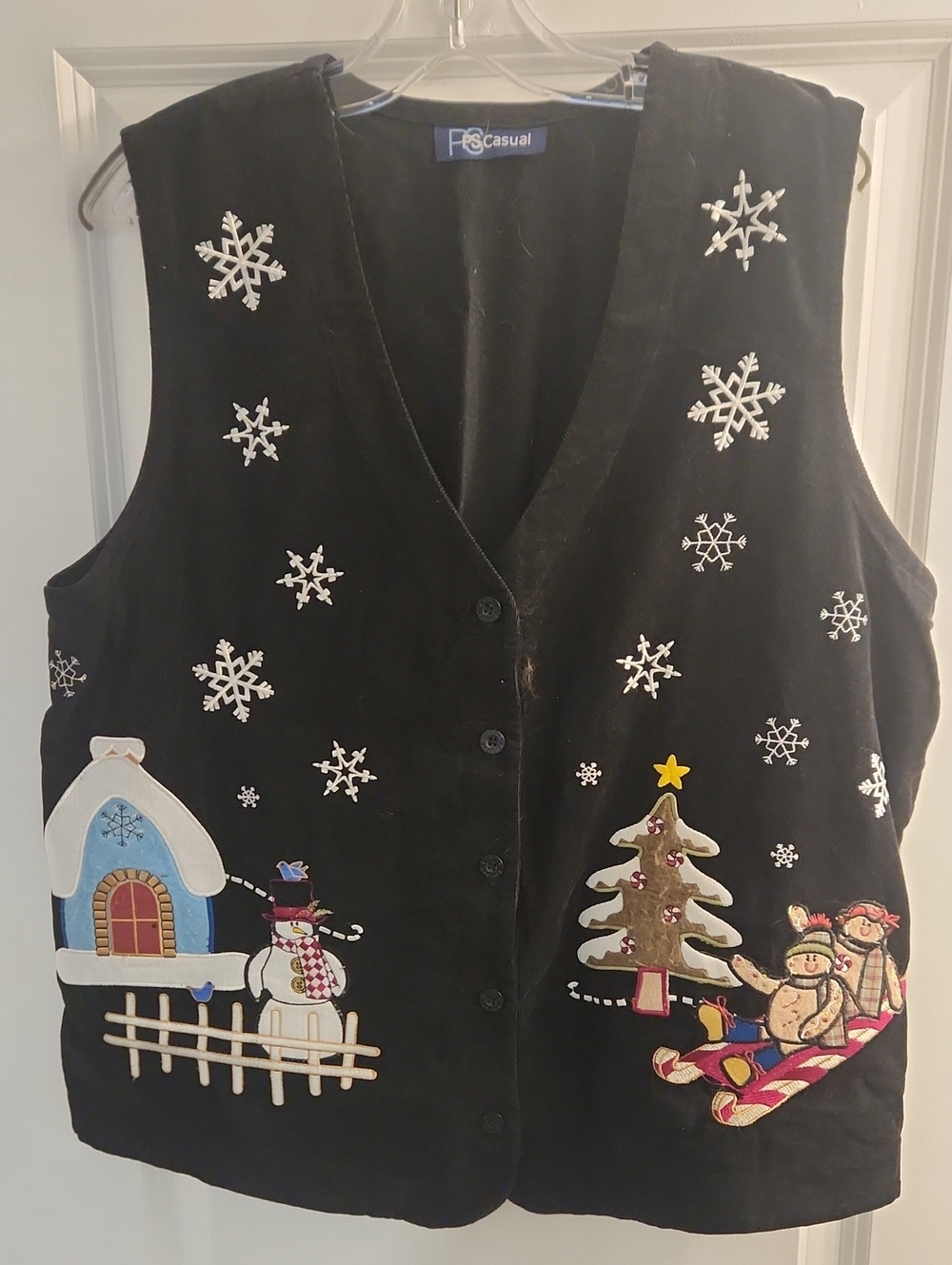 Black Holiday Snowman & Tree Embroidered Vest